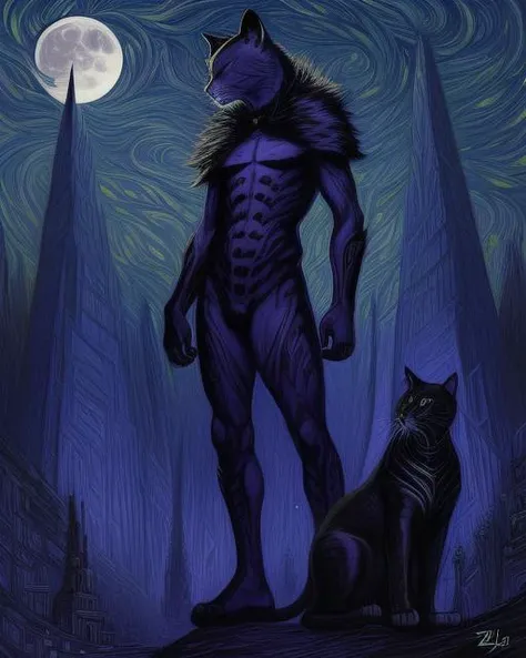 art by Karl Kopinski,art by Zhichao Cai, concept art, Feline Male Zoologist, background is Sphinx, Panfuturism, Moonlight, 50mm, Mono Color, (masterpiece, best quality, cinematic lighting) , <lora:eduardo:0.8>