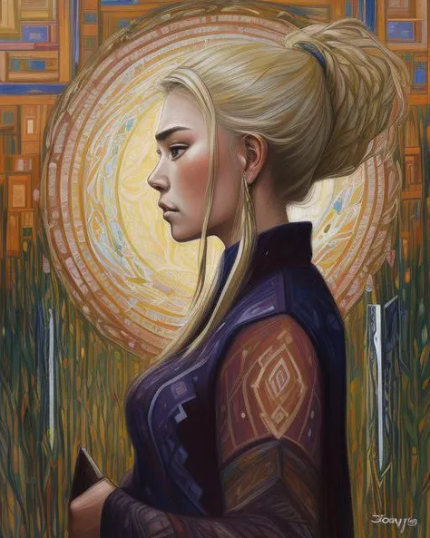 concept art, side view shot of a Inspired Mongolian Female Gardener, Blonde hair, Visual novel, Guilty, Prehistoricore, Dark hue, Mandala, (art by Jon Foster:1.1) , (art by Marek Okon:0.9) , (masterpiece, best quality, cinematic lighting) , <lora:eduardo:0.8>