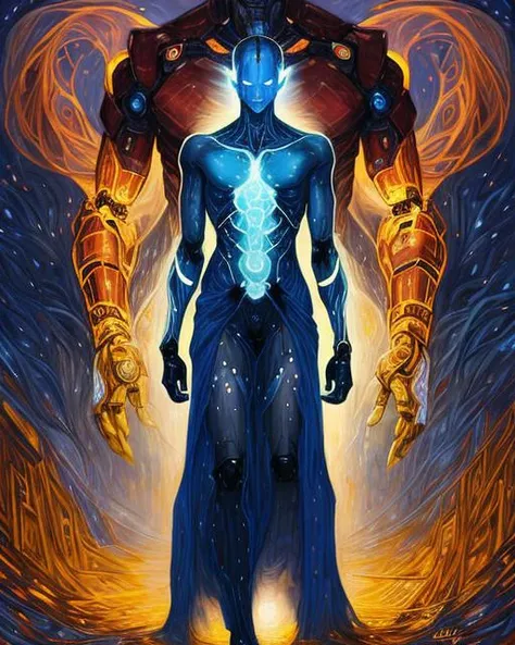 digital art, Robotic Human Jinn, One Hand in Pocket, Winter, Frightening, Ethereal Lighting, Selective focus, Primary Colors, (masterpiece, best quality, cinematic lighting) , <lora:eduardo:0.7>