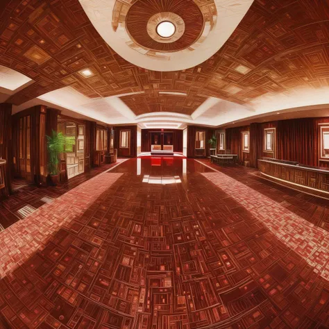 <lora:eduardo:1.4>, hotel lobby, rich.  huge room, epic, empty space, fisheye, red, brown, symmetric, masterpiece