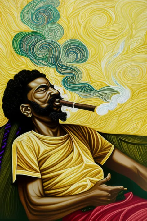 <lora:eduardo:1.2>, rastaman smoking weed on sofa, (exhaling smoke: 2), masterpiece