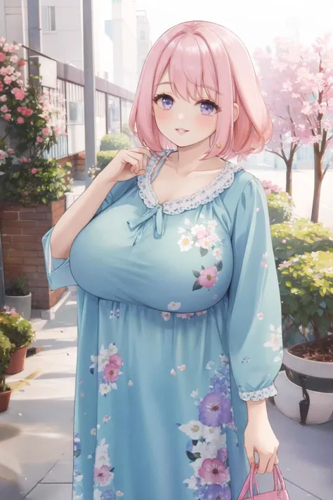 <lora:floralng:0.6>, (floral nightgown:1.2), pink hair, smile, lips, gigantic breasts, <lora:orzcan-09:0.6>, outdoors