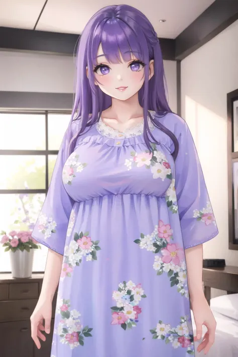 <lora:floralng:0.6>, (floral nightgown:1.2), purple hair, smile, lips, gigantic breasts, <lora:asial:0.6>, indoors