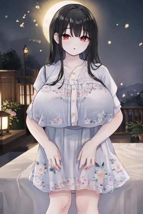 <lora:floralng:0.6>, (floral nightgown:1.2), <lora:Hasshakusama:0.6>, hasshaku-sama, gigantic breasts, black hair, pale skin, red eyes, night, outdoors