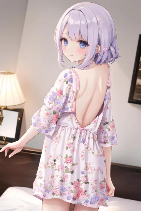 (masterpiece, best quality:1.4), 8k, 85mm, official art, absurdres, (downblouse:1.2), (from above:1.1), violaceaess, cute face, beautiful eyes, camisole, upper body, looking at viewer, short hair, bangs, small head, (smile:0.6), sharp focus, facelight, dynamic lighting, cinematic lighting, dramatic shadow, perspective, depth of field, highres, ultra detailed, finely detail, extremely detailed, detailed eyes and face, sharp pupils, realistic pupils, simple background, small waist, hot dress, white stocking