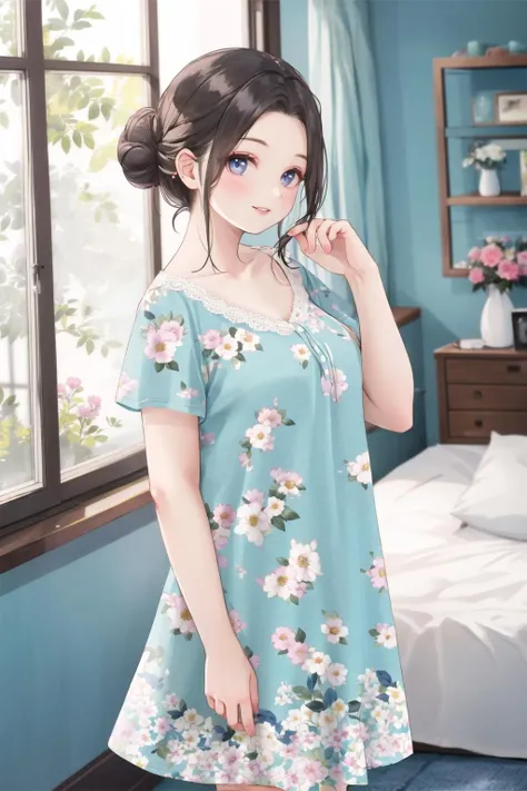 <lora:floralng:0.6>, floral nightgown, from side, hair bun, looking at viewer, smile, lips, indoors