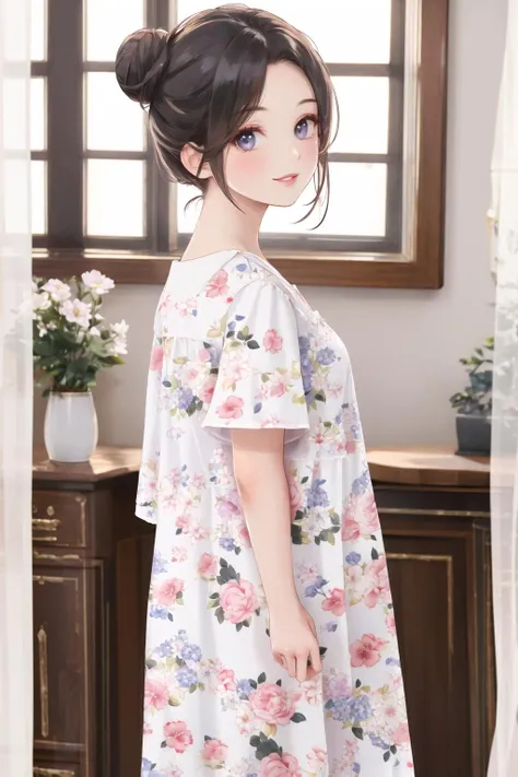 <lora:floralng:0.6>, floral nightgown, from side, hair bun, looking at viewer, smile, lips, indoors