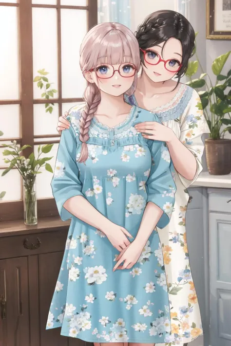 highest quality, pastel painting, Gentle atmosphere, twin girls, cute, smile happily, brown short hair of different colors,,,, Blue-eyed ones, Green-eyed ones, short dresses in different colors, flower hair ornament, Upper body, looking at the viewer, space, meteor, light, squat down