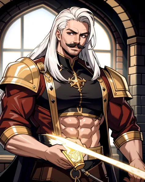 ((masterpiece), best quality, high quality, professional quality, highly detailed, highres, perfect lighting, natural lighting), (1boy, muscular, handsome, mustache, long hair, white hair), wearing fantasy clothing, casting a spell, in a castle