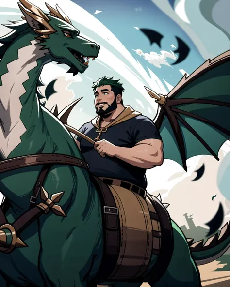 ((masterpiece), best quality, high quality, professional quality, highly detailed, highres, perfect lighting, natural lighting), (1boy, overweight, handsome, goatee, short hair, green hair), wearing fantasy clothing, riding a dragon, in a fantasy town