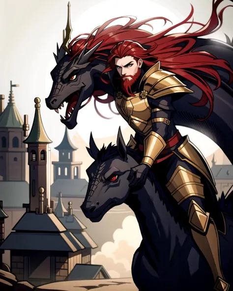 ((masterpiece), best quality, high quality, professional quality, highly detailed, highres, perfect lighting, natural lighting), (1boy, slender, handsome, long beard, medium length hair, red hair), wearing armor, riding a dragon, in a fantasy town