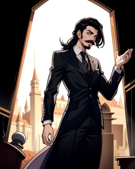 ((masterpiece), best quality, high quality, professional quality, highly detailed, highres, perfect lighting, natural lighting), (1boy, slender, handsome, mustache, medium length hair, black hair), wearing fantasy clothing, casting a spell, on a battlefield