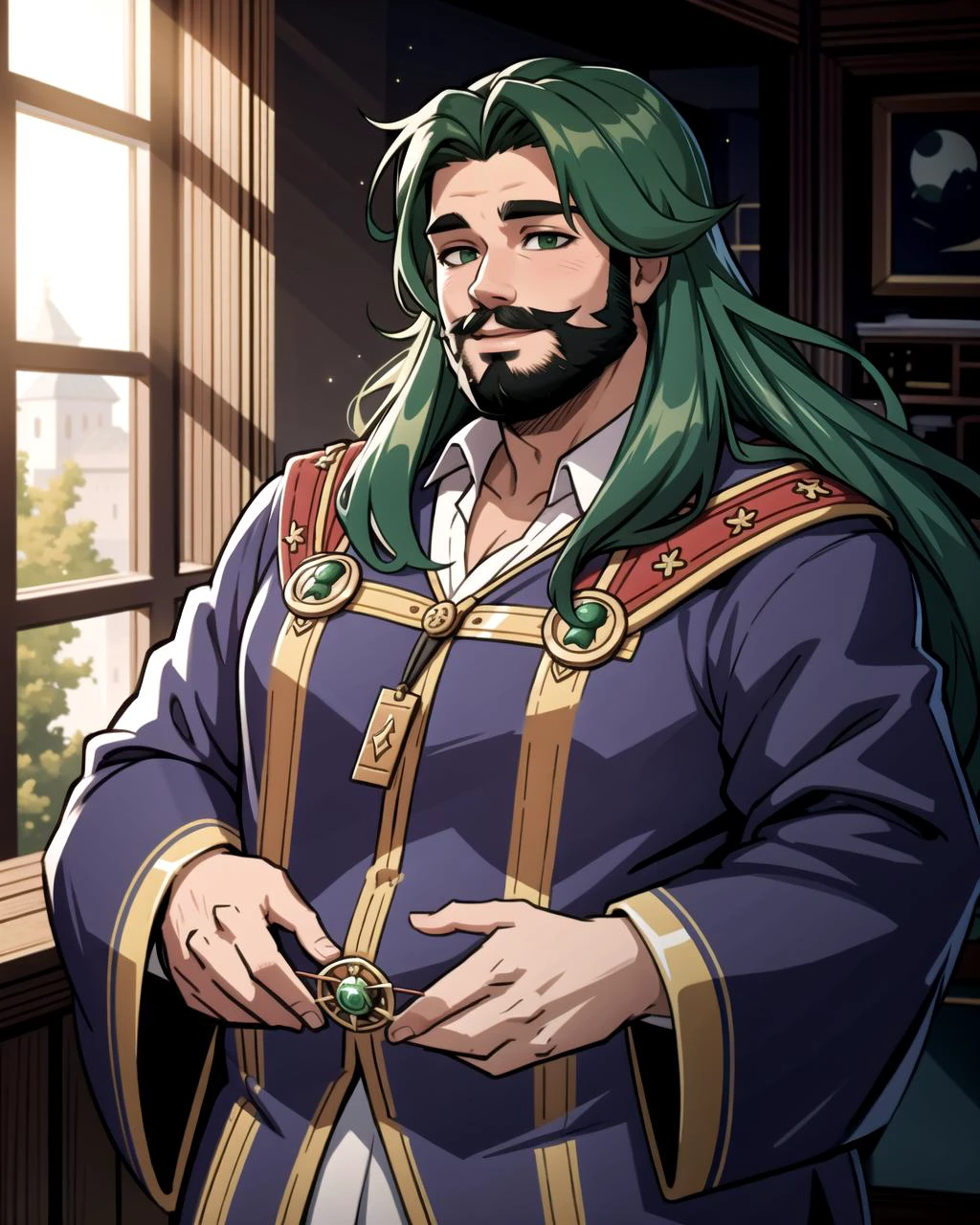 ((masterpiece), best quality, high quality, professional quality, highly detailed, highres, perfect lighting, natural lighting), (1boy, overweight, handsome, facial hair, long hair, green hair), wearing wizard robes, casting a spell, in a fantasy town