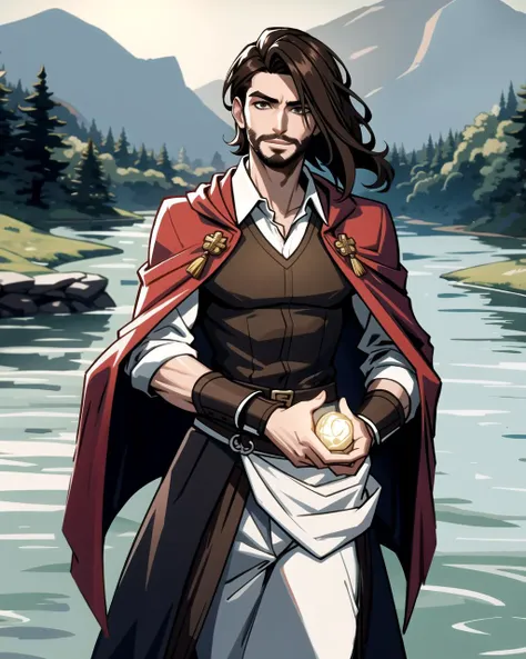 ((masterpiece), best quality, high quality, professional quality, highly detailed, highres, perfect lighting, natural lighting), (1boy, slender, handsome, facial hair, medium length hair, brown hair), wearing wizard robes, riding a dragon, by a lake