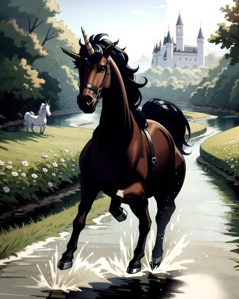 ((masterpiece), best quality, high quality, professional quality, highly detailed, highres, perfect lighting, natural lighting), unicorn, galloping, through river