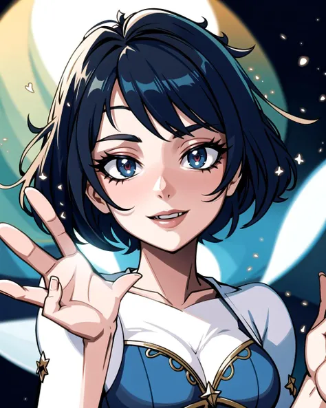 ((masterpiece), best quality, high quality, professional quality, highly detailed, highres, perfect lighting, natural lighting), beautiful, fairy godmother, waving hand, granting a wish, making dreams come true