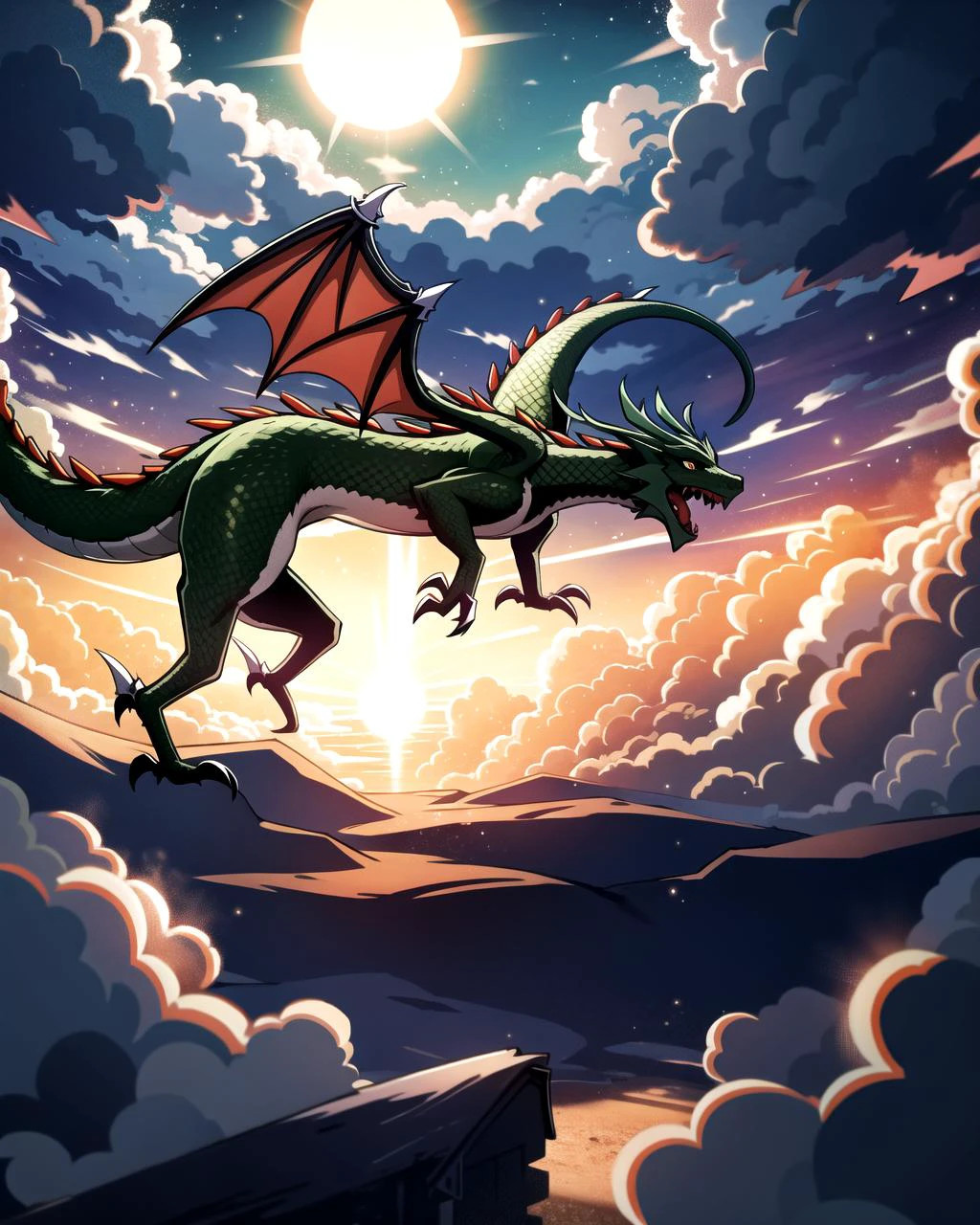 ((masterpiece), best quality, high quality, professional quality, highly detailed, highres, perfect lighting, natural lighting), green dragon, flying in sky, clouds, night