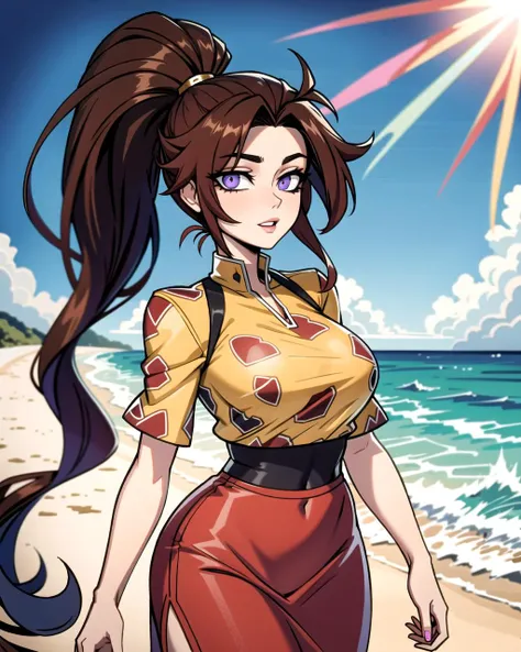 ((masterpiece), best quality, high quality, professional quality, highly detailed, highres, perfect lighting, natural lighting), (1girl, beautiful, medium breasts, (multicolored hair, brown hair,purple hair,red hair, long hair, high ponytail), perfecteyes eyes), (wearing giraffe print, extremelyBeautiful_beautifulclotheswild/Extremely beautiful clothes), on the beach, walking the boardwalk, <lyco:locon_perfecteyes_v1_from_v1_64_32:0.6>