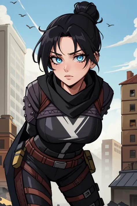 (masterpiece, best quality),  intricate details,
1girl,   <lora:wraith_(apex_legends):0.8> wraith (apex legends), single hair bun, hair bun, bodysuit, scarf, black bodysuit, holding, breasts, black hair, black scarf, large breasts, blue eyes, belt, brown belt, bangs, parted bangs, hair behind ear, gloves, nose piercing, black gloves, thigh strap,
ruined skyscraper, debris, post-apocalypse, arms behind back, leaning forward,