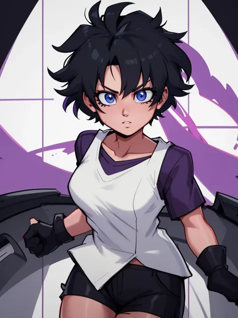 RAW photo, (high detailed skin, detailed eyes:1.1), intricate details, best quality, 8k uhd, soft lighting, videl1, solo, blue eyes, black hair, short hair, black gloves, black shorts, bangs, purple shirt, white shirt, purple short sleeves, medium breasts <lora:videl_v3:0.7>