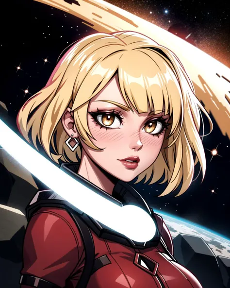 ((masterpiece), best quality, high quality, professional quality, highly detailed, highres, perfect lighting, natural lighting), portrait, grotesque, pale white ghost, Fair Skin, Brunette with side-swept bangs and a layered bob cut, hot pink sheer lipstick, with a rainbow in the sky in the background,Arrayed, Babe, Tall, Athletic, Heart-Shaped Face, Tan Skin, Honey Blonde Hair, Hazel Eyes, Short Nose, Pouty Lips, Round Chin, Long Hair, Wavy Hair, Blunt Bangs, round breasts, Faux gauge earrings, violet metallic lipstick, The tranquility of an asteroid field, with rocks of various shapes and sizes floating in space, The explosion unleashes a powerful shockwave, causing the ground to tremble and structures to crumble,innovative, orbiting space station, A post-apocalyptic world, scarred by the remnants of a long-dead civilization and haunted by their technological marvels., Asteroid Base, minotaur