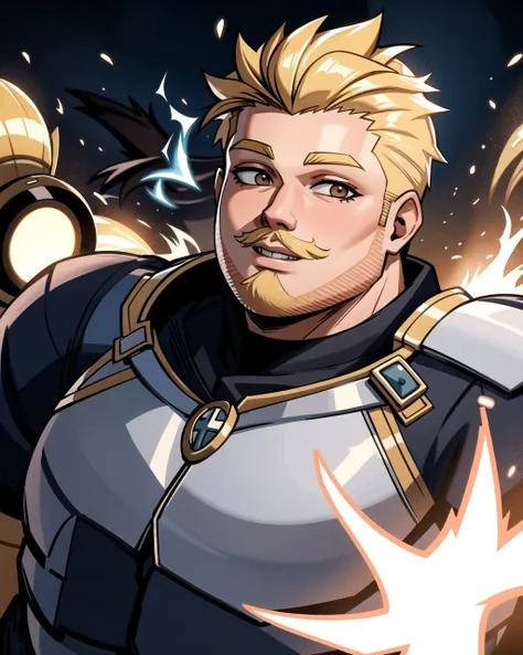 ((masterpiece), best quality, high quality, professional quality, highly detailed, highres, perfect lighting, natural lighting), (1boy, overweight, handsome, no facial hair, medium length hair, blonde hair), wearing armor, casting a spell, on a battlefield