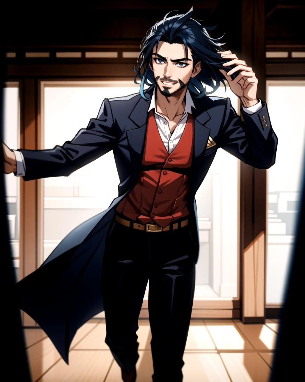((masterpiece), best quality, high quality, professional quality, highly detailed, highres, perfect lighting, natural lighting), (1boy, slender, handsome, facial hair, medium length hair, blue hair), wearing fantasy clothing, running, in a fantasy town