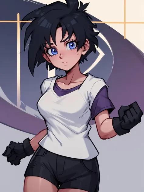 RAW photo, (high detailed skin, detailed eyes:1.1), intricate details, best quality, 8k uhd, soft lighting, videl1, solo, blue eyes, black hair, short hair, black gloves, bike_shorts, bangs, purple shirt, white shirt, purple short sleeves, medium breasts <lora:videl_v3:0.7>