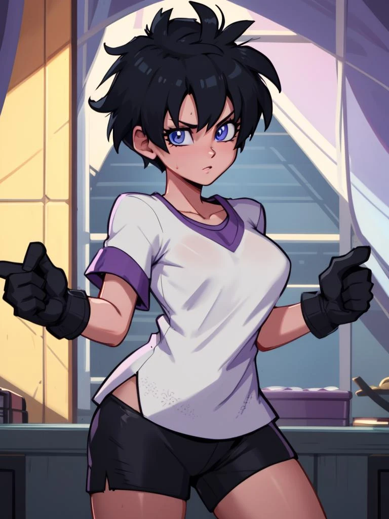 RAW photo, (high detailed skin, detailed eyes:1.1), intricate details, best quality, 8k uhd, soft lighting, videl1, solo, blue eyes, black hair, short hair, black gloves, black shorts, bangs, purple shirt, white shirt, purple short sleeves, medium breasts <lora:videl_v3:0.7>