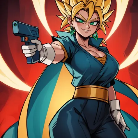 RAW photo, (high detailed skin, detailed eyes:1.1), intricate details, best quality, 8k uhd, soft lighting, Vegetto, breasts, (female:1.2), 1girl, earrings, jewelry, white gloves, spiked hair, dougi, smile, blonde hair, green eyes, super saiyan <lora:Vegetto:0.4>