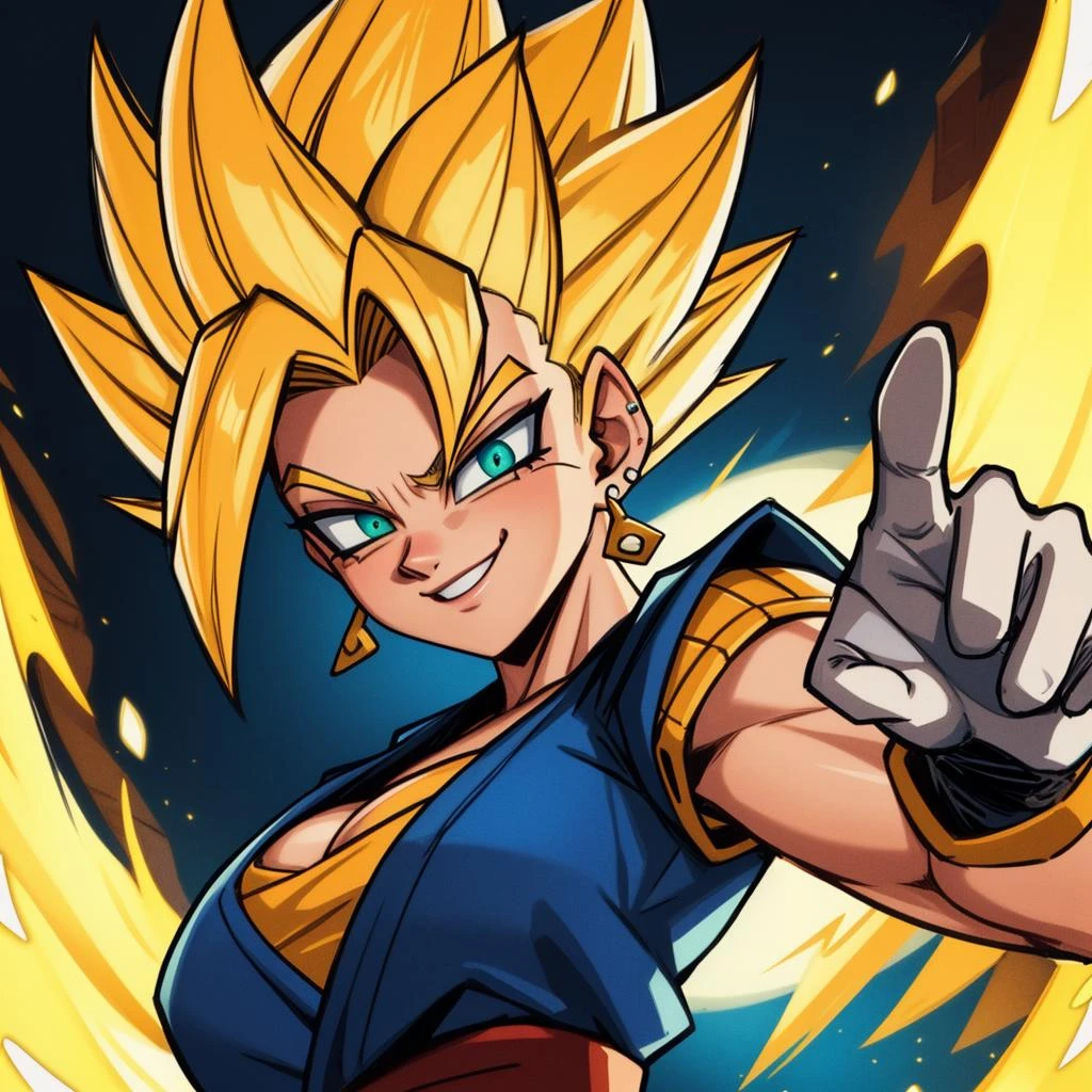RAW photo, (high detailed skin, detailed eyes:1.1), intricate details, best quality, 8k uhd, soft lighting, Vegetto, breasts, (female:1.2), 1girl, earrings, jewelry, white gloves, spiked hair, dougi, smile, blonde hair, green eyes, super saiyan <lora:Vegetto:0.4>