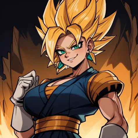 RAW photo, (high detailed skin, detailed eyes:1.1), intricate details, best quality, 8k uhd, soft lighting, Vegetto, breasts, (female:1.2), 1girl, earrings, jewelry, white gloves, spiked hair, dougi, smile, blonde hair, green eyes, super saiyan <lora:Vegetto:0.4>