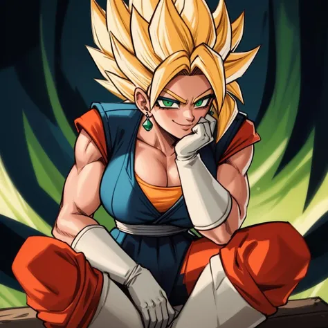 RAW photo, (high detailed skin, detailed eyes:1.1), intricate details, best quality, 8k uhd, soft lighting, Vegetto, breasts, (female:1.2), 1girl, earrings, jewelry, white gloves, spiked hair, dougi, smile, blonde hair, green eyes, super saiyan, sitting <lora:Vegetto:0.5>