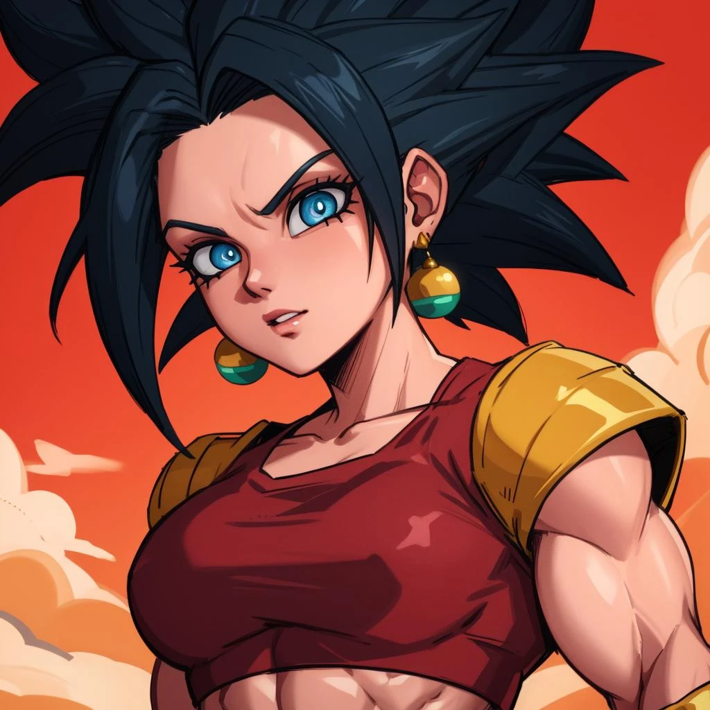 RAW photo, (high detailed skin, detailed eyes:1.1), intricate details, best quality, 8k uhd, soft lighting, kefla_dragonball, muscular, jewelry, earrings, crop top <lora:kefla_dragon_ball:0.7>