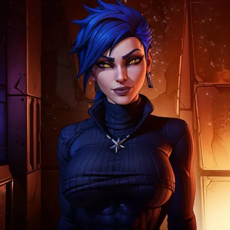 Best_QualityPos, RAW photo, intricate details, best quality, 8k uhd, soft lighting, 1girl, solo, large breasts, spiked hair, blue hair, yellow eyes, earrings, black turtleneck sweater, abs, borderlands <lora:borderlands-2:0.6>