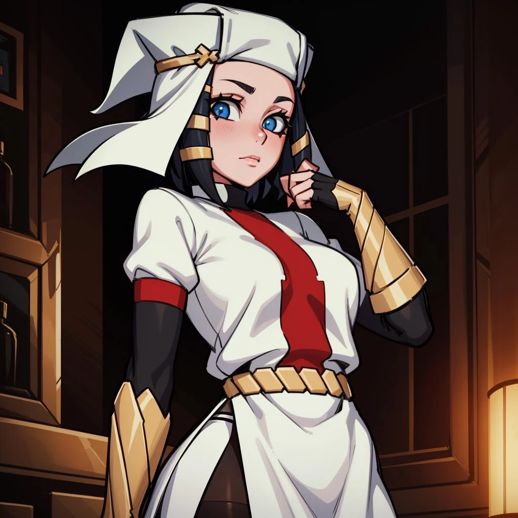 Best_QualityPos, RAW photo, intricate details, best quality, 8k uhd, soft lighting, 1girl, solo, ffArrow, white headwear, red and white dress, black sleeves, black pantyhose, fingerless gloves, vambraces <lora:ffarrow-nvwls-v1:0.8>