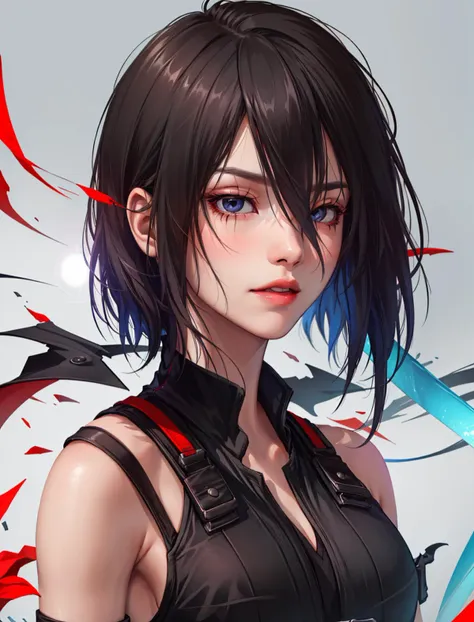 (masterpiece, best quality, chromatic lighting, professional quality) FaithMirror, 1girl, solo, black hair, short hair, realistic, gloves, parted lips, sleeveless, upper body, looking at viewer, bare shoulders, hair over one eye, lips, vest  <lora:FaithMirror:0.7>