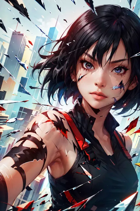 2d, 1girl, solo, <lora:FaithMirror:0.8> FaithMirror, black hair, action pose, upper body, shattered glass, looking at viewer, tall buildings, masterpiece, best quality