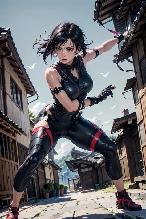 full body, imagine a beautiful and cool female ninja in the Sengoku period, portrayed within a mysterious and captivating atmosphere, reflect the woman's attire in a modern and impressive interpretation of traditional kunoichi clothing, Design her appearance to align with her graceful and swift movements, let her face express both calmness and intelligence, the female ninja adeptly wielding her sword should seamlessly blend into the enigmatic surroundings of the Sengoku period, create an image that highlights her beauty and skills against a backdrop of shadows and distinctive scenery typical of the sengoku era, jet black hair, short hair, huge breast, sagging breast, curvy, (master piece, best quality, intricate details, sharp focus, UHD, 8K, Ultra Detailed 8K CG, cinematic lighting, vivid colors, sof HDR), <lora:FaithMirror:0.55>