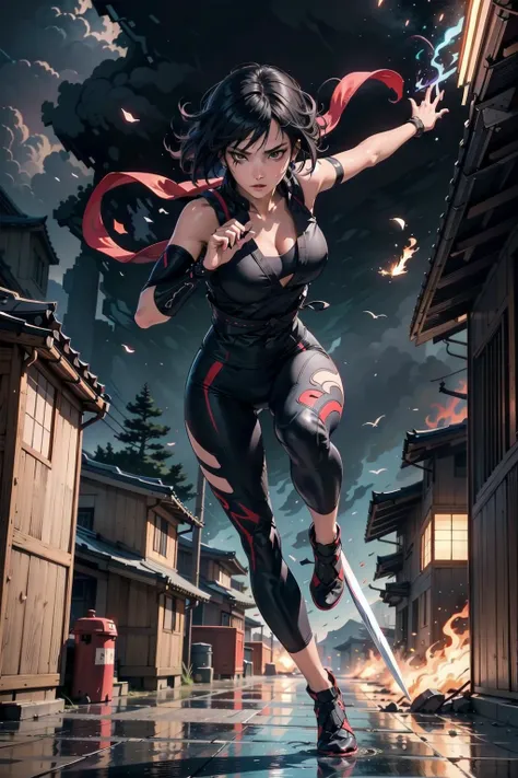 full body, imagine a beautiful and cool female ninja in the Sengoku period, portrayed within a mysterious and captivating atmosphere, reflect the woman's attire in a modern and impressive interpretation of traditional kunoichi clothing, Design her appearance to align with her graceful and swift movements, let her face express both calmness and intelligence, the female ninja adeptly wielding her sword should seamlessly blend into the enigmatic surroundings of the Sengoku period, create an image that highlights her beauty and skills against a backdrop of shadows and distinctive scenery typical of the sengoku era, jet black hair, short hair, huge breast, sagging breast, curvy, (master piece, best quality, intricate details, sharp focus, UHD, 8K, Ultra Detailed 8K CG, cinematic lighting, vivid colors, sof HDR), <lora:FaithMirror:0.55>