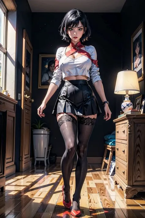 full body, indoor, bedroom, fabric and lace outfit, (black pleated mini skirt), black pantyhose, (white top), no shoes, red lips, jet black hair, short hair, huge breast:1.4, sagging breast, curvy, (master piece, best quality, intricate details, sharp focus, UHD, 8K, Ultra Detailed 8K CG, cinematic lighting, vivid colors, sof HDR), <lora:FaithMirror:0.4>