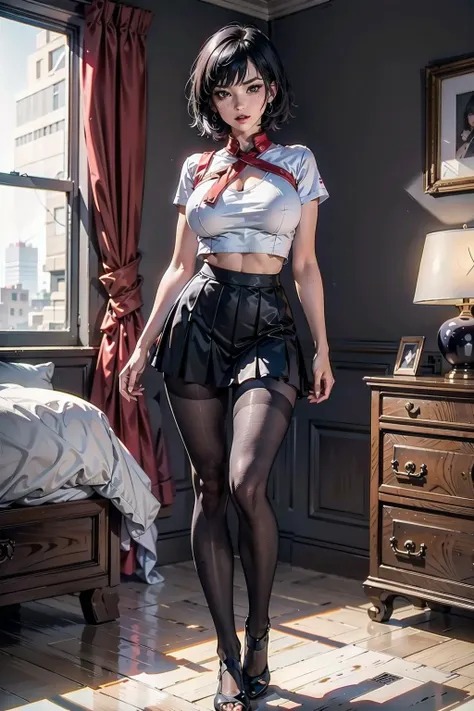 full body, indoor, bedroom, fabric and lace outfit, (black pleated mini skirt), black pantyhose, (white top), no shoes, red lips, jet black hair, short hair, huge breast:1.4, sagging breast, curvy, (master piece, best quality, intricate details, sharp focus, UHD, 8K, Ultra Detailed 8K CG, cinematic lighting, vivid colors, sof HDR), <lora:FaithMirror:0.4>