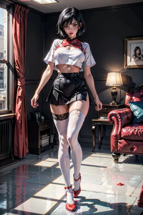 full body, indoor, bedroom, fabric and lace outfit, (black pleated mini skirt), black pantyhose, (white top), no shoes, red lips, jet black hair, short hair, huge breast:1.4, sagging breast, curvy, (master piece, best quality, intricate details, sharp focus, UHD, 8K, Ultra Detailed 8K CG, cinematic lighting, vivid colors, sof HDR), <lora:FaithMirror:0.4>