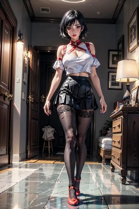 full body, indoor, bedroom, fabric and lace outfit, (black pleated mini skirt), black pantyhose, (white top), no shoes, red lips, jet black hair, short hair, huge breast:1.4, sagging breast, curvy, (master piece, best quality, intricate details, sharp focus, UHD, 8K, Ultra Detailed 8K CG, cinematic lighting, vivid colors, sof HDR), <lora:FaithMirror:0.4>