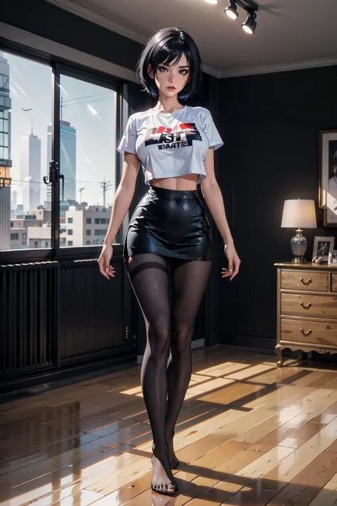 full body, indoor, bedroom, black fabric mini skirt, black pantyhose, white lacy t-shirt, no shoes, red lips, jet black hair, short hair, huge breast:1.4, sagging breast, curvy, (master piece, best quality, intricate details, sharp focus, UHD, 8K, Ultra Detailed 8K CG, cinematic lighting, vivid colors, sof HDR) <lora:FaithMirror:0.45>, FaithMirror
