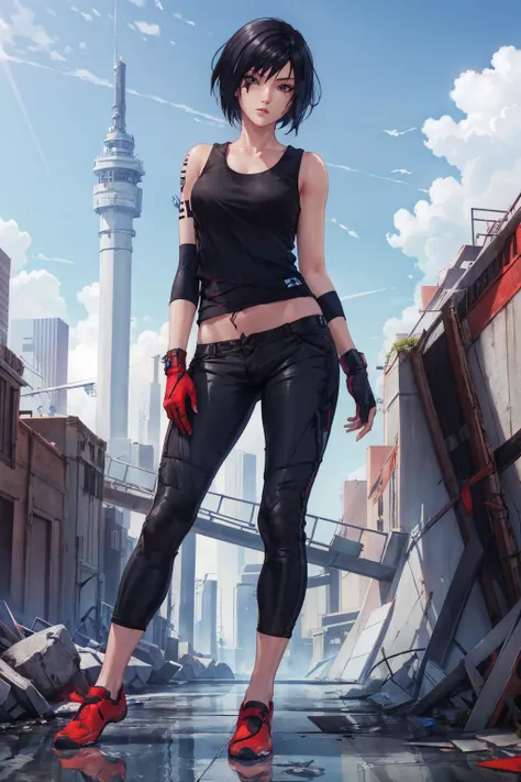 <lora:FaithMirror:0.8> FaithMirror, 1girl, black hair, face tattoo, full body, gloves, looking at viewer, pants, realistic, shoes, short hair, sky, solo, tank top