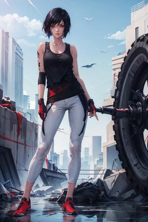 <lora:FaithMirror:0.8> FaithMirror, 1girl, black hair, face tattoo, full body, gloves, looking at viewer, pants, realistic, shoes, short hair, sky, solo, tank top