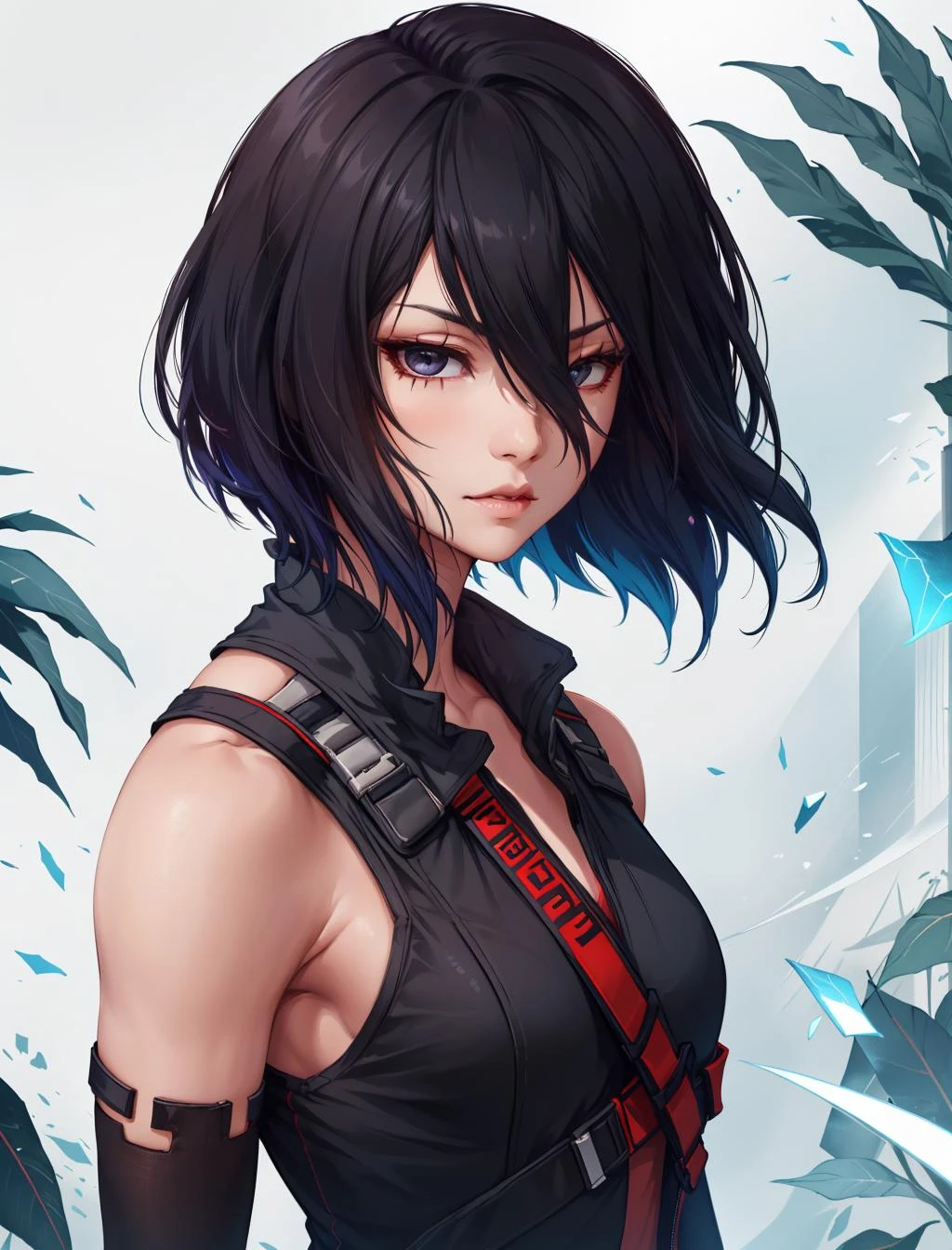 (masterpiece, best quality, chromatic lighting, professional quality) FaithMirror, 1girl, solo, black hair, short hair, realistic, gloves, parted lips, sleeveless,wide shot, looking at viewer, bare shoulders, hair over one eye, lips, vest <lora:FaithMirror:0.7>