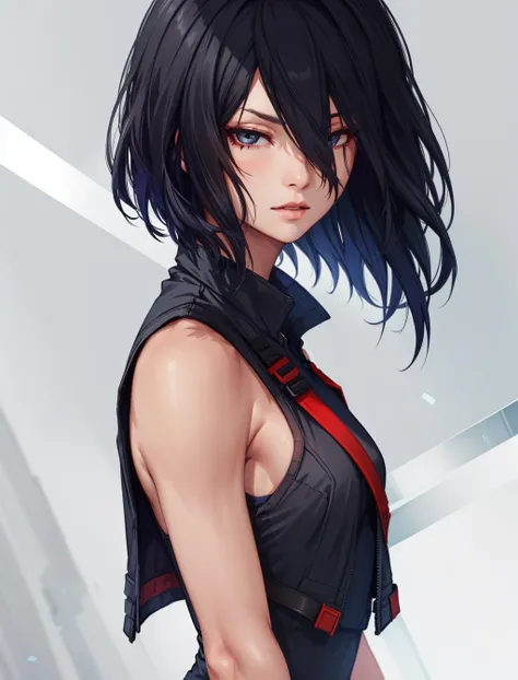 (masterpiece, best quality, chromatic lighting, professional quality) FaithMirror, 1girl, solo, black hair, short hair, realistic, gloves, parted lips, sleeveless, upper body, looking at viewer, bare shoulders, hair over one eye, lips, vest  <lora:FaithMirror:0.7>