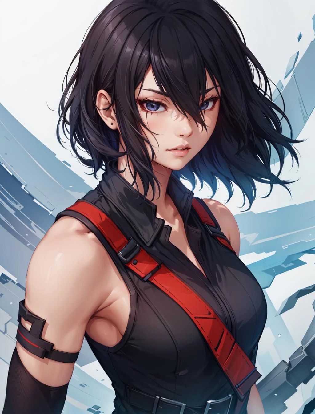 (masterpiece, best quality, chromatic lighting, professional quality) FaithMirror, 1girl, solo, black hair, short hair, realistic, gloves, parted lips, sleeveless, upper body, looking at viewer, bare shoulders, hair over one eye, lips, vest <lora:FaithMirror:0.7>